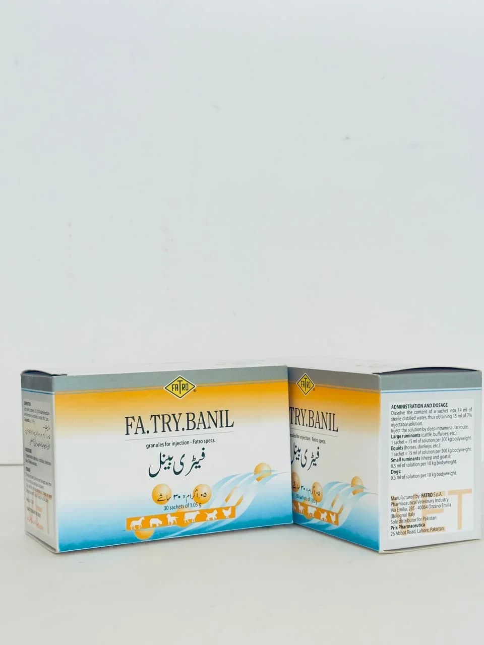 Fa.Try.Banil granules for injection box showing 30 sachets of 1.05g and dosage instructions